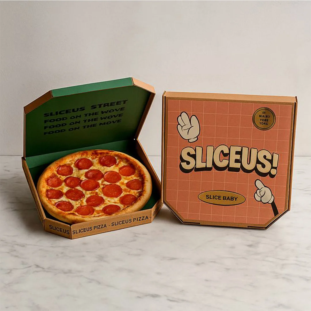 Small Pizza Boxes — custom pizza boxes by Packmio Small Pizza Boxes beside the product it was made to hold