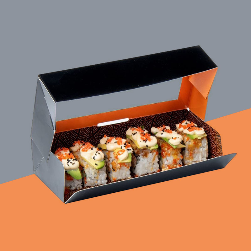 Sushi Boxes — custom food boxes by Packmio Sushi Boxes photographed at an angle to show the board thickness
