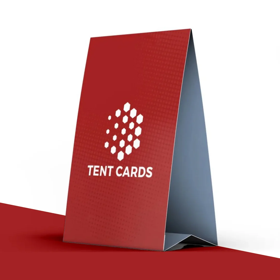 Table Tents opened to show the inside print and construction