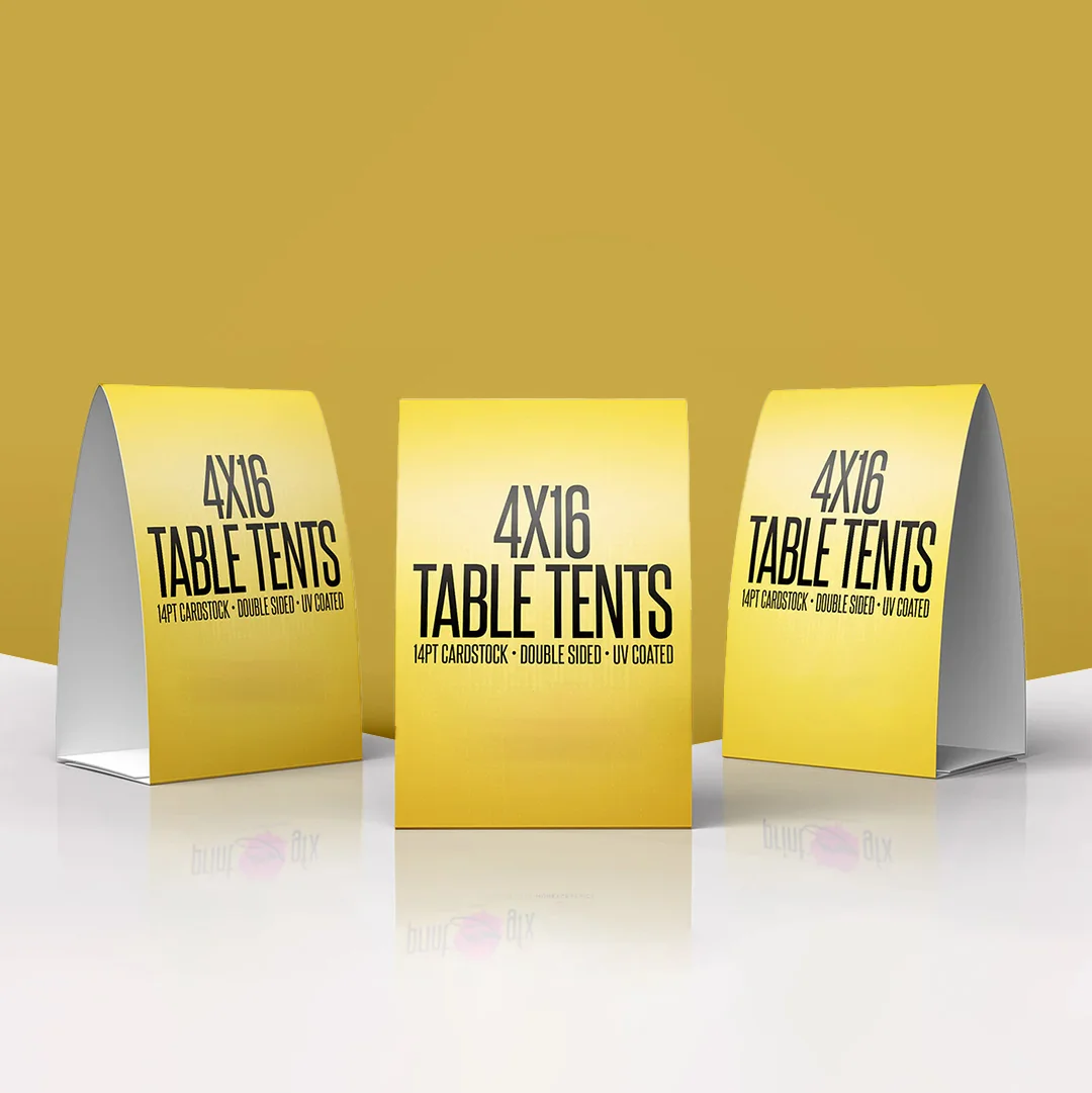 A stack of table tents in a custom size