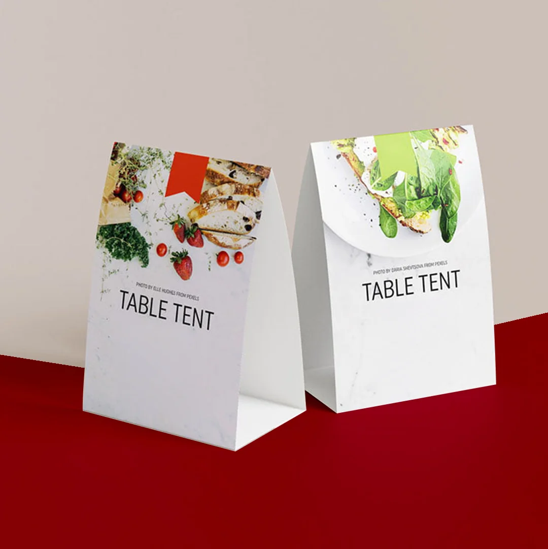 Table Tents photographed at an angle to show the board thickness