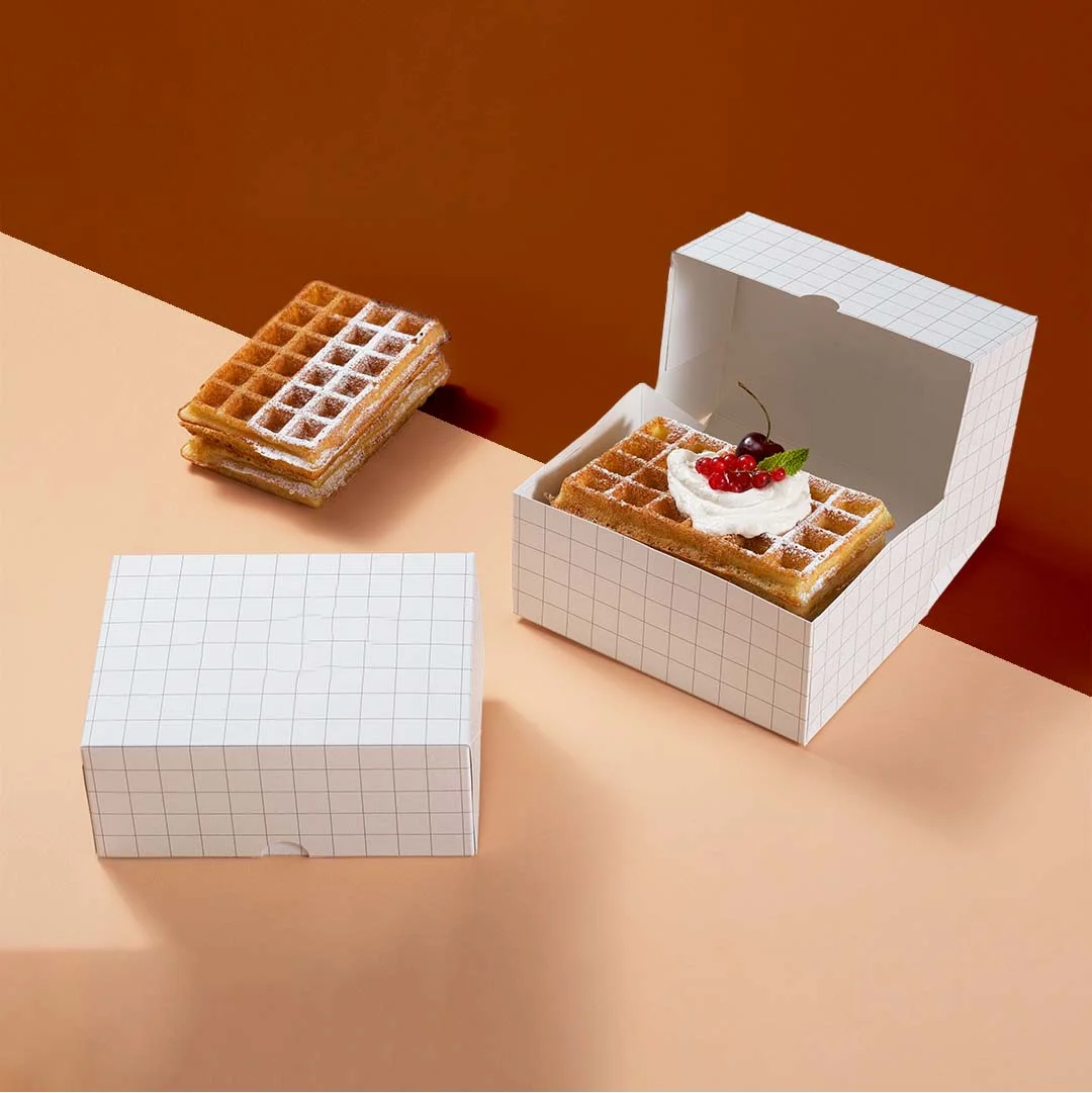 Waffle Boxes — custom bakery boxes by Packmio Waffle Boxes beside the product it was made to hold