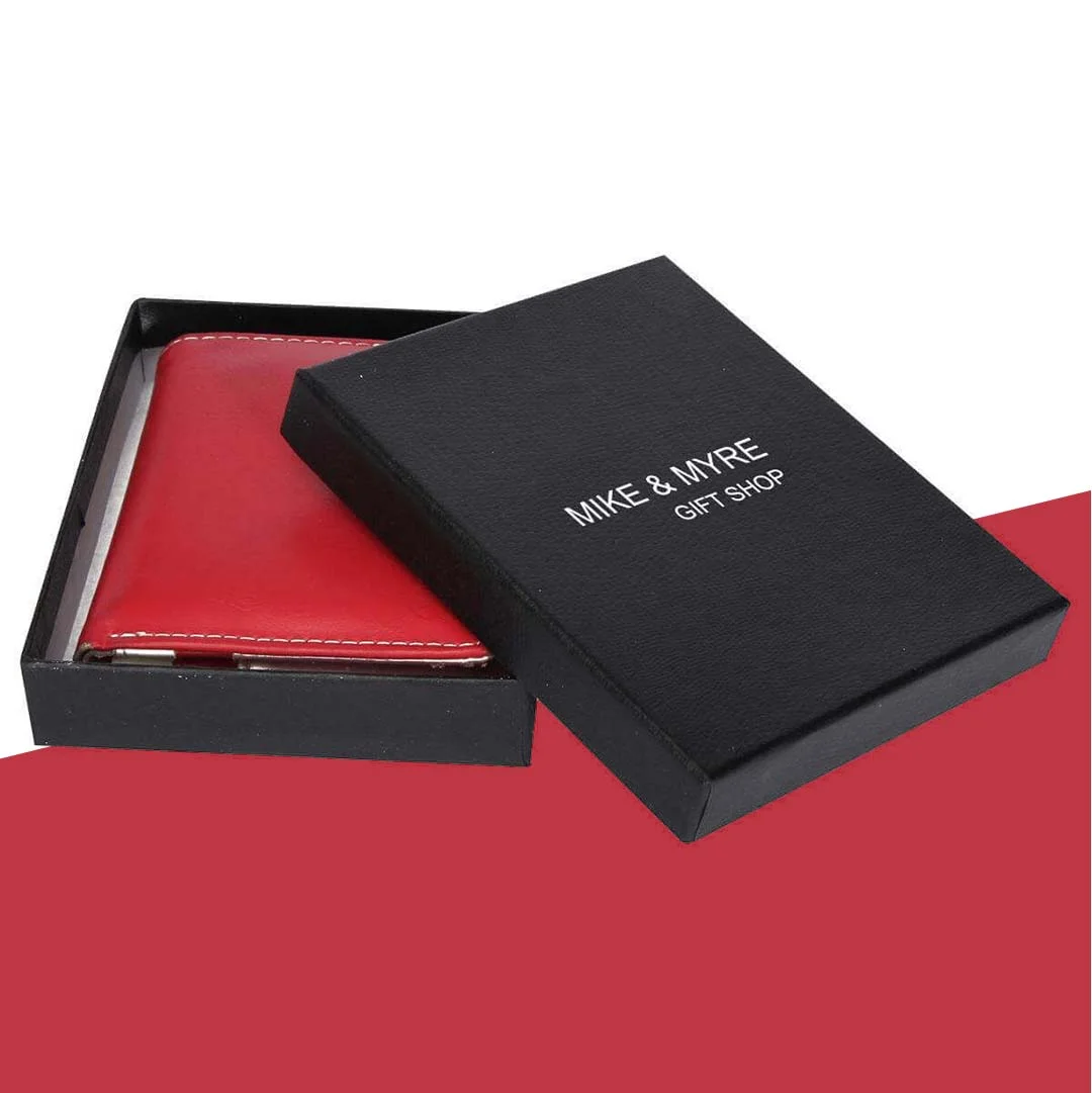 Wallets Boxes — custom apparel boxes by Packmio Wallets Boxes shown closed, printed to a customer's own artwork