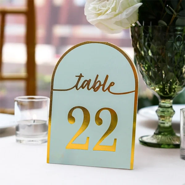 Wedding Table Tents — custom table tents by Packmio Wedding Table Tents photographed at an angle to show the board thickness