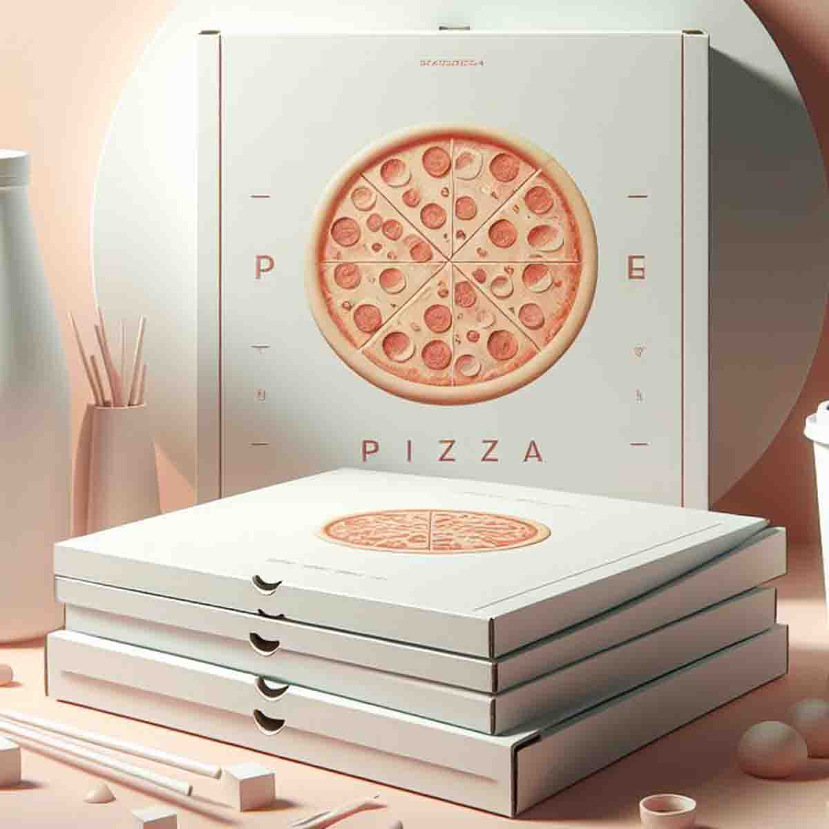 White Pizza Boxes opened to show the inside print and construction