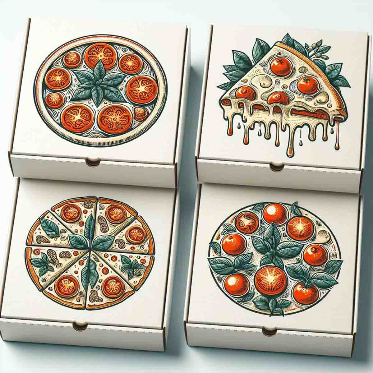 White Pizza Boxes photographed at an angle to show the board thickness