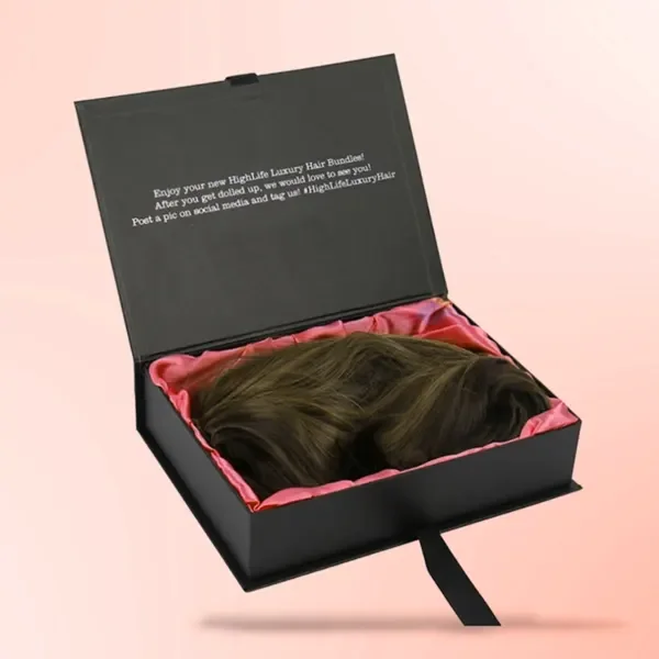 Wig Boxes — custom hair extension boxes by Packmio Wig Boxes beside the product it was made to hold
